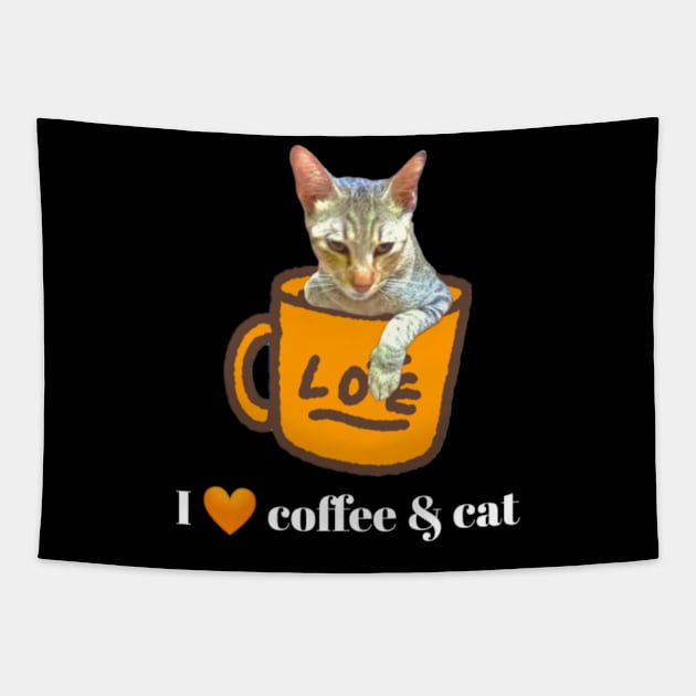 I Love Coffee And Cat In A Mug With Heart Tapestry by aspinBreedCo2