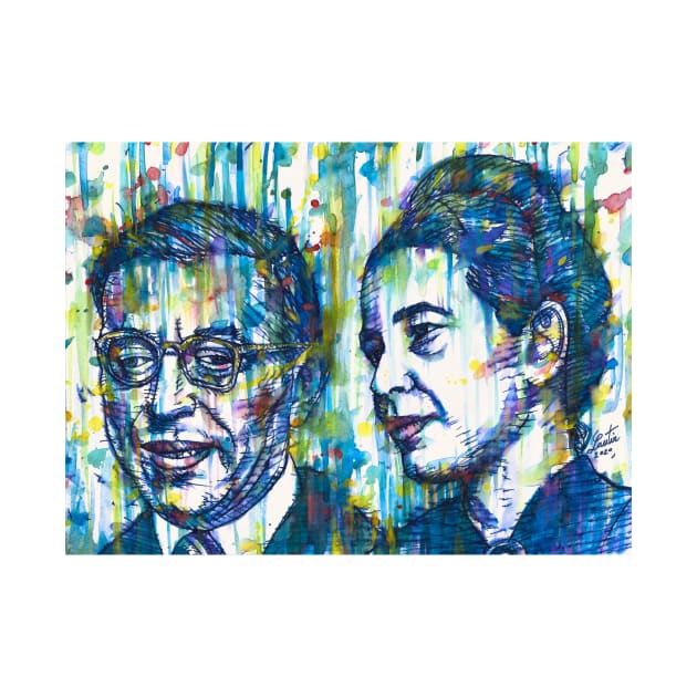 SARTRE and SIMONE DE BEAUVOIR watercolor and ink portrait by lautir