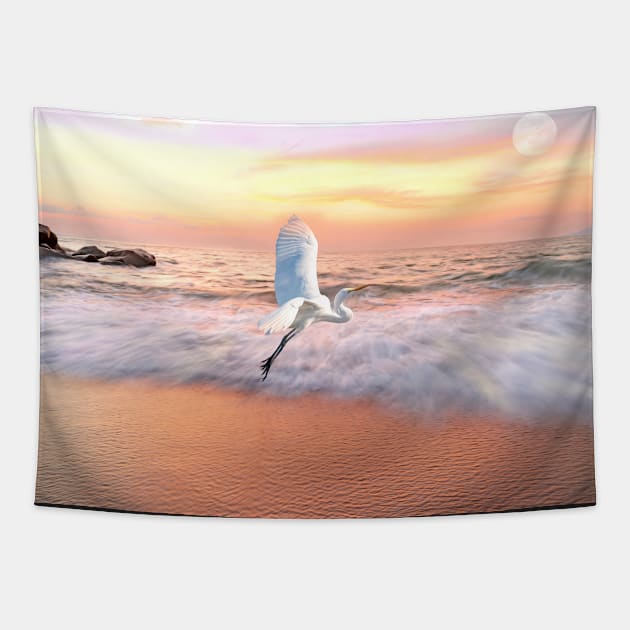 Egret Flies Toward an Ocean Sky Tapestry by lauradyoung