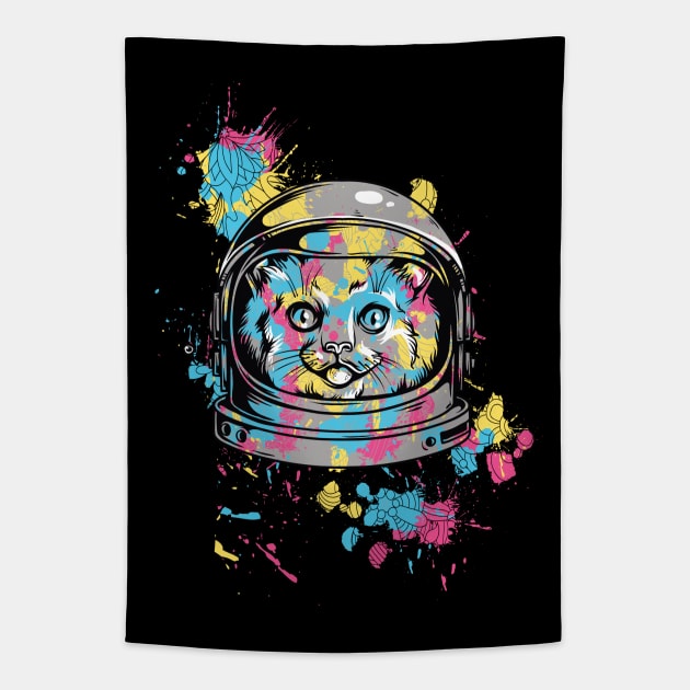 Space Kitty: Colorful Kitten Astronaut Design Tapestry by Jarecrow 