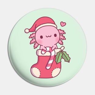 Cute Axolotl Holding Candy Cane In A Christmas Stocking Pin