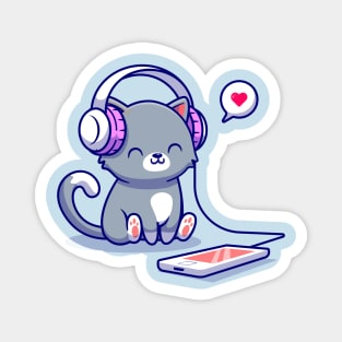 Cute Cat Listening Music With Headphone Cartoon Magnet
