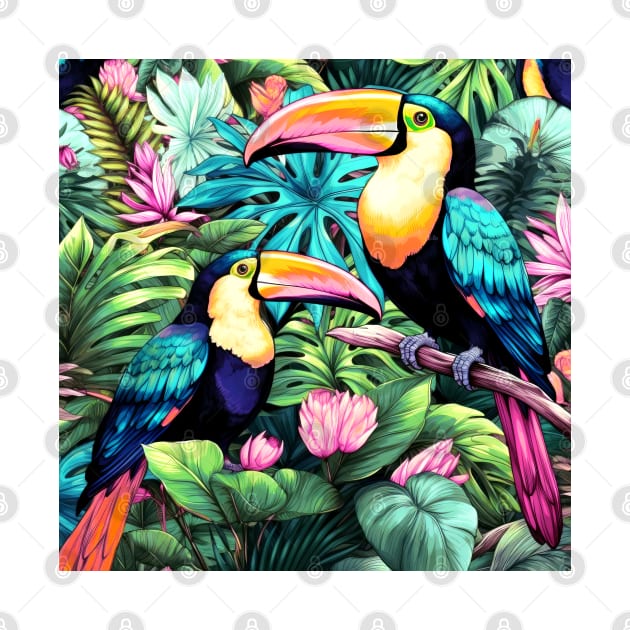 Tropical Toucans with Flowers by SusannesArtShop