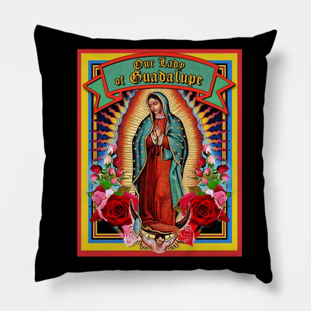 Guadalupe Virgin Mary Milagro Holy Card Pillow by Cabezon