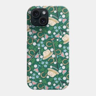 Hat and polo mallet with horseshoe on green leaves Phone Case