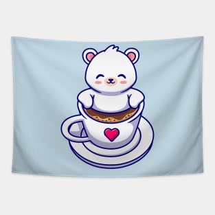 Cute Baby Polar Bear In Coffee Cup Cartoon Tapestry