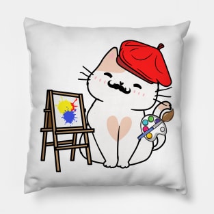 Funny white cat is a painter Pillow