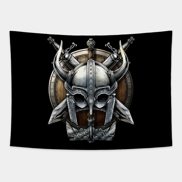 Viking Norse Mythology Viking Helmet Sword And Shield Tapestry by GigibeanCreations