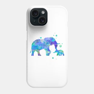 Blue Mom and Baby Elephant Watercolor Painting Phone Case