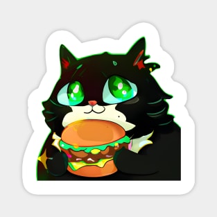 Black Fat cat with eating burger Magnet