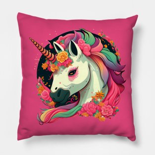 Whimsical Charm: A Cool and Colorful Fantasy Comic-Style Unicorn Emblem Pillow