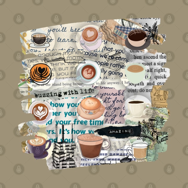 Coffee and reading - A collage of coffee cups books and torn pages by Haze and Jovial