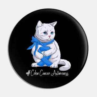 Cute Cat Colon Cancer Awareness Month Blue Ribbon Survivor Survivor Gift Idea Pin