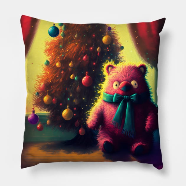 Christmas teddy bear under the tree Pillow by MorningPanda