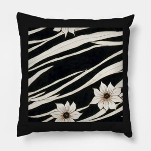 Black and White Vintage Floral Cottagecore Gothic Romantic Flower Peony Rose Leaf Design Pillow