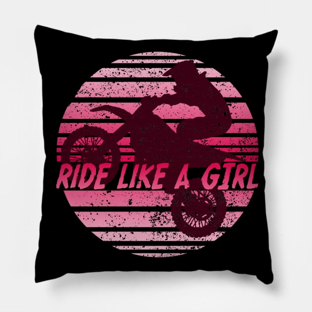 Ride like a Girl Retro Girls Enduro Bike Vintage Dirt Bike Womens Gift Pillow by Bezra