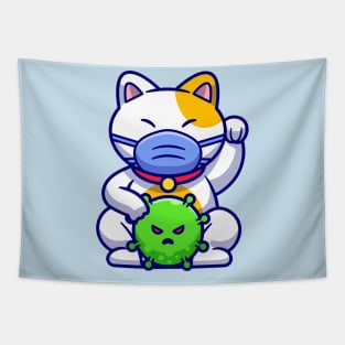 Cute Cat Maneki Neko Wearing Mask With Virus Cartoon Tapestry