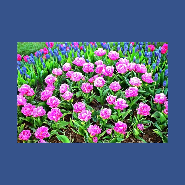 Fancy Pink Tulips with Grape Hyacinths by SeaChangeDesign