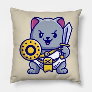 Cute Cat Gladiator Warrior Holding Sword And Shield Cartoon Pillow