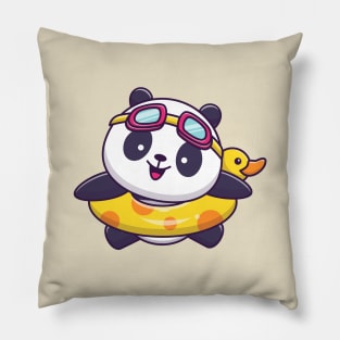 Cute Panda Floating With Duck Tires Cartoon Pillow