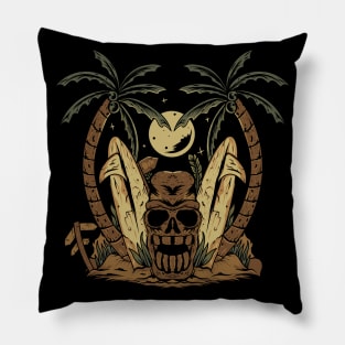 Tiki skull surfer palm trees beach .Hallloween Pillow