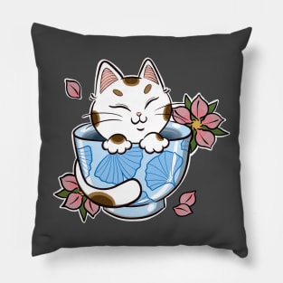 japanese tea cat tattoo Pillow