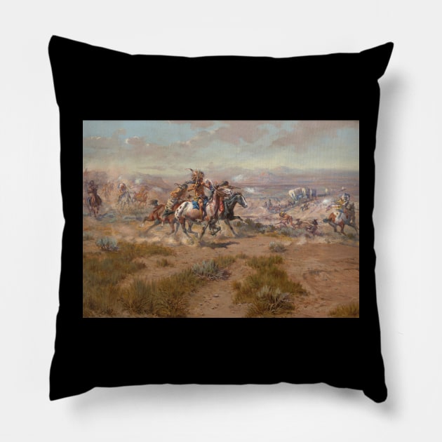 Native American Warriors Attacking The Settlers - Vintage Western American Art Pillow by Click Here For More