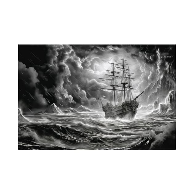 Pirate Ship Sailing Wild Fantasy Ink Sketch Style by Cubebox