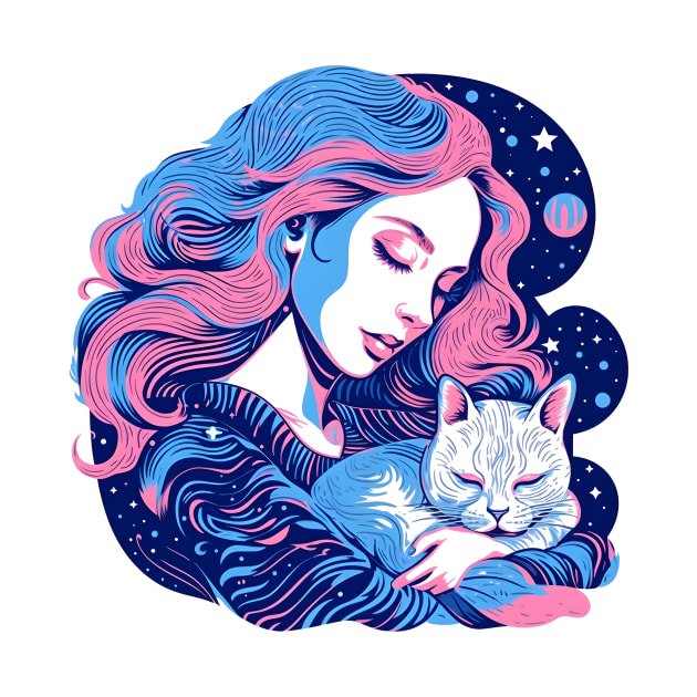 Disover Young woman holding a cat, in dreamscape style Cat Dream - T-Shirt