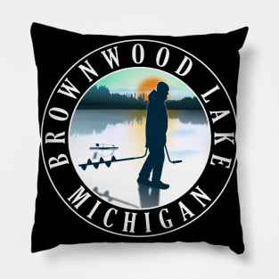 Brownwood Lake Ice Fishing Michigan Sunset Pillow