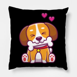 Cute dog sitting, bite bone Pillow