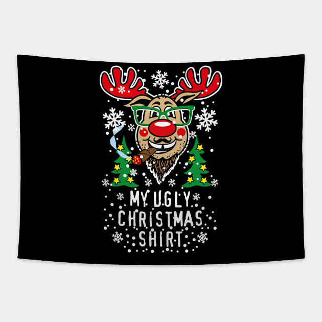 189 Deer Reindeer Rudolph beard cigar My Ugly Christmas Tapestry by Margarita7