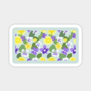 Cross-stitch Dandelions and Violets on Soft Grey Green Horizontal Magnet