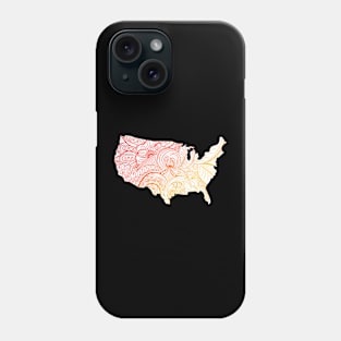 Colorful mandala art map of the United States of America in red and yellow with white background Phone Case