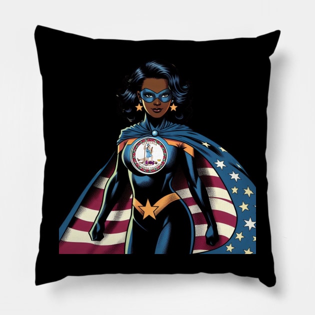 Richmond Virginia 1980s Black Female Comic Book Superhero RVA American Flag Pillow by Woodpile