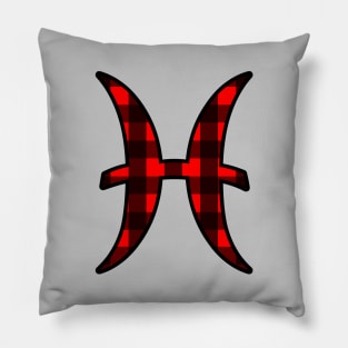 Pisces Zodiac Horoscope Symbol in Black and Red Buffalo Plaid Pillow