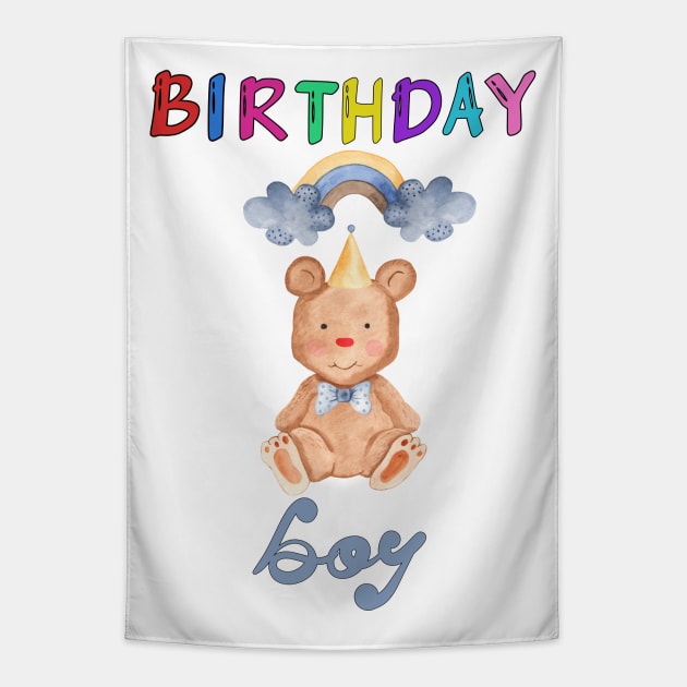 Birthday Boy Cute Teddy Bear and Rainbow Watercolor Art Tapestry by AdrianaHolmesArt