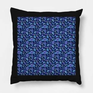 Midnight Roses Watercolor Floral Pattern on Blue Pillow