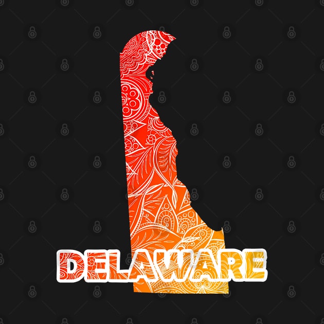 Colorful mandala art map of Delaware with text in red and orange by Happy Citizen