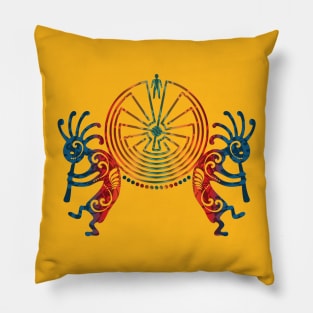 Kokopelli  & Man In The Maze Symbol colored Pillow