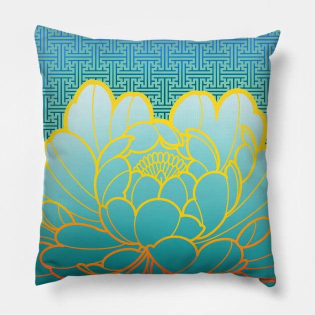 turquoise peony flower and sayagata pattern Pillow by weilertsen