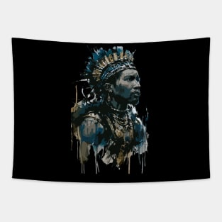 Tribal African Warrior in Costume with Spear in Ink Painting Style Tapestry