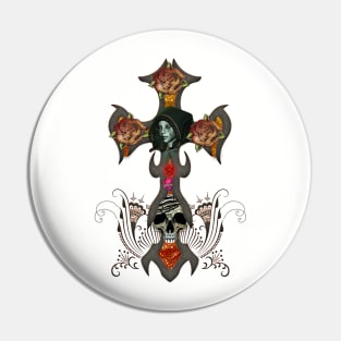 Fantasy cross with skull and roses Pin