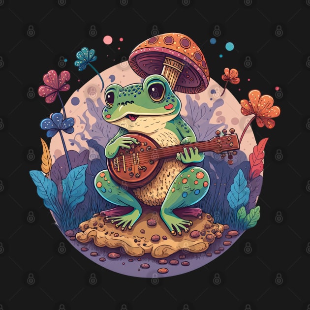 Cottagecore aesthetic cute frog playing ukelele on Mushroom by JayD World