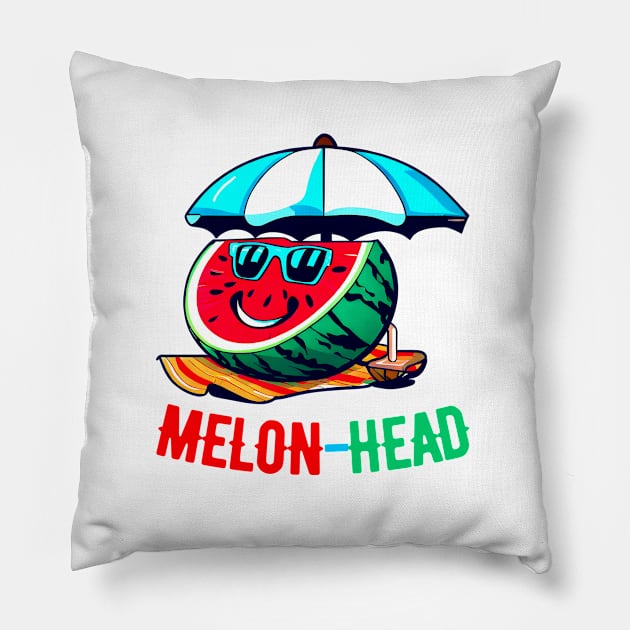 Melon-Head Funny A smiling slice of watermelon on a beach towel with sunglasses Pillow by T-shirt US