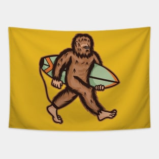 Sasquatch Bigfoot Walking in the Beach with a Surfboard | Summer Vibes Tapestry