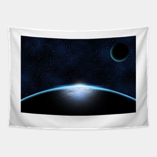 Giant blue planet against starry cosmos sky Tapestry