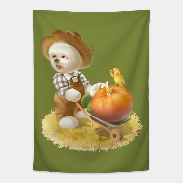 Smile Dog with Wheelbarrow Tapestry by zkozkohi