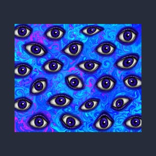 Trippy Psychedelic Blue Eyes on Vivid Bright Neon Blue Green Purple Turquoise Swirl Background T-Shirt