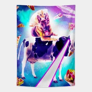 Space Cat Riding Dog And Laser Eyes Cow Tapestry